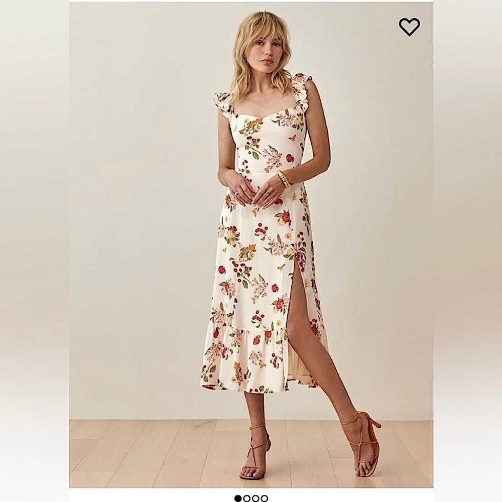 New Reformation Bondi Midi Georgette Side Slit Dress Floral Fruity Size 2